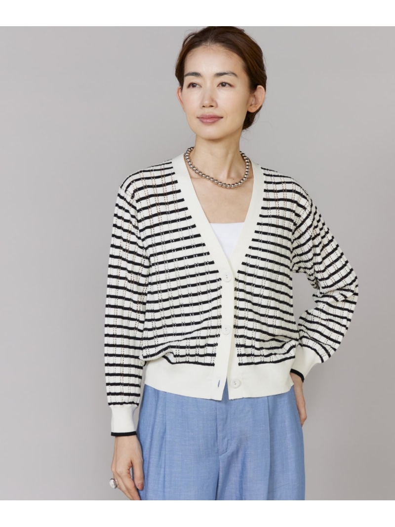 透かし柄リブクルーVネックカーディガン Le Souk イネド トップス カーディガン グリーン【送料無料】[ Fashion]