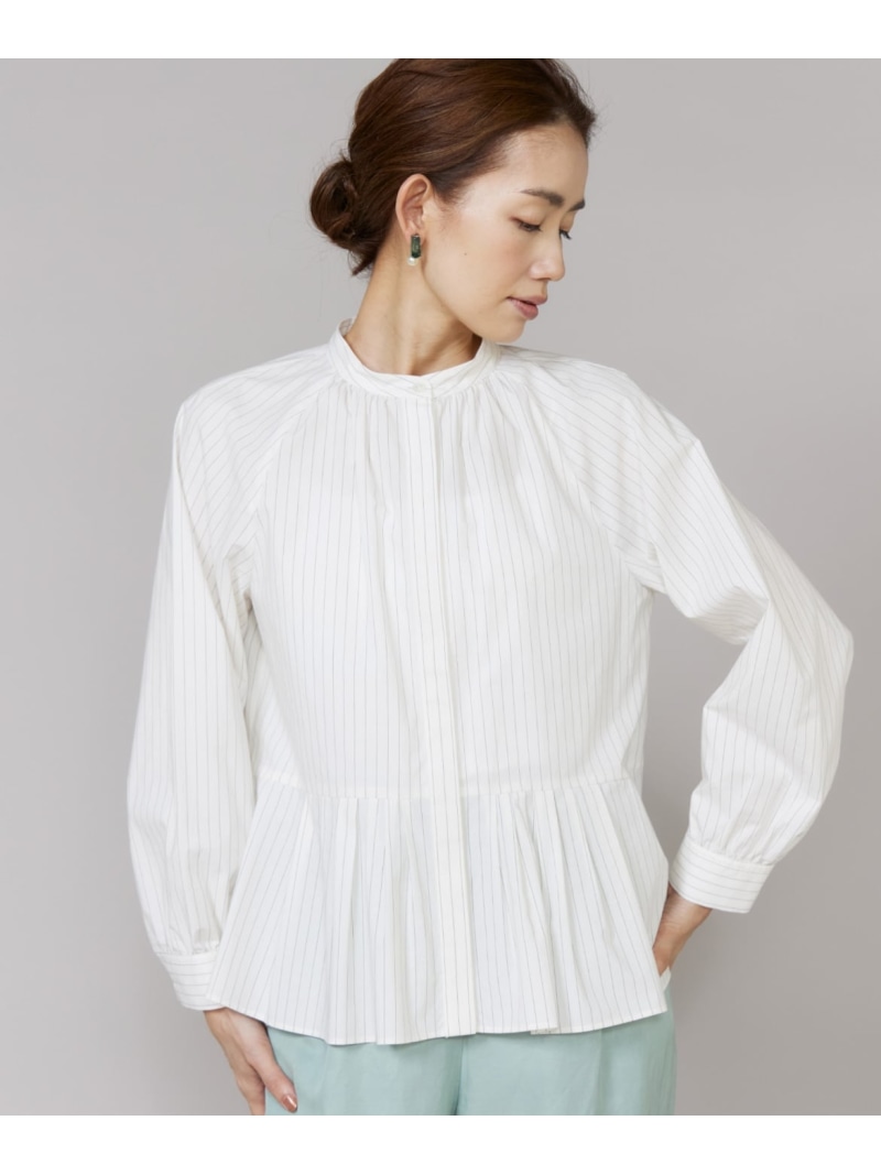 【SALE／10%OFF】《大きいサイズ》ストライプバンドカラーペプラムブラウス Le Souk イネド トップス シャツ・ブラウス ホワイト【RBA_E】【送料無料】[ Fashion] 16,117円