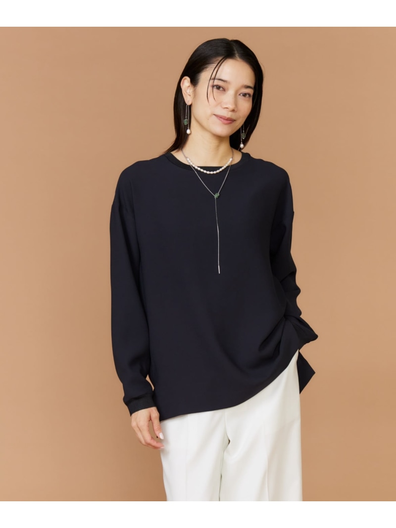 《大きいサイズ》衿リブブラウスTシャツ INED イネド トップス カットソー・Tシャツ ホワイト ネイビー【送料無料】[ Fashion]｜INED／イネド