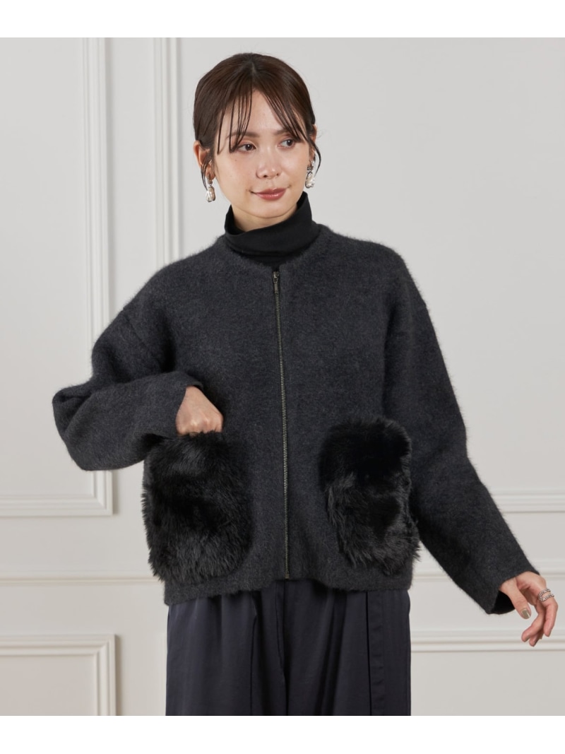 【SALE／50%OFF】《45th限定企画》フェイクファーポケット ラクーン ニットブルゾン Le Souk イネド トップス カーディガン グレー ブラウン【RBA_E】【送料無料】[ Fashion]