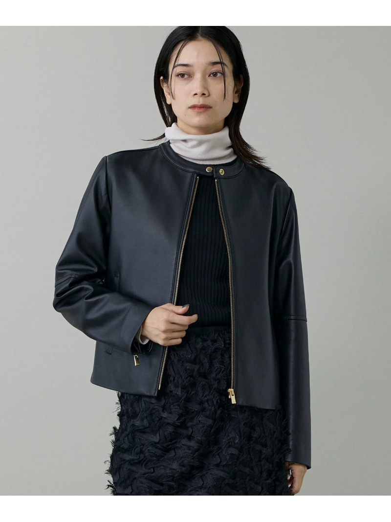 《大きいサイズ》ラムレザー ジップアップブルゾン INED イネド ジャケット・アウター ノーカラージャケット ブラック ブラウン【送料無料】[ Fashion]｜INED／イネド