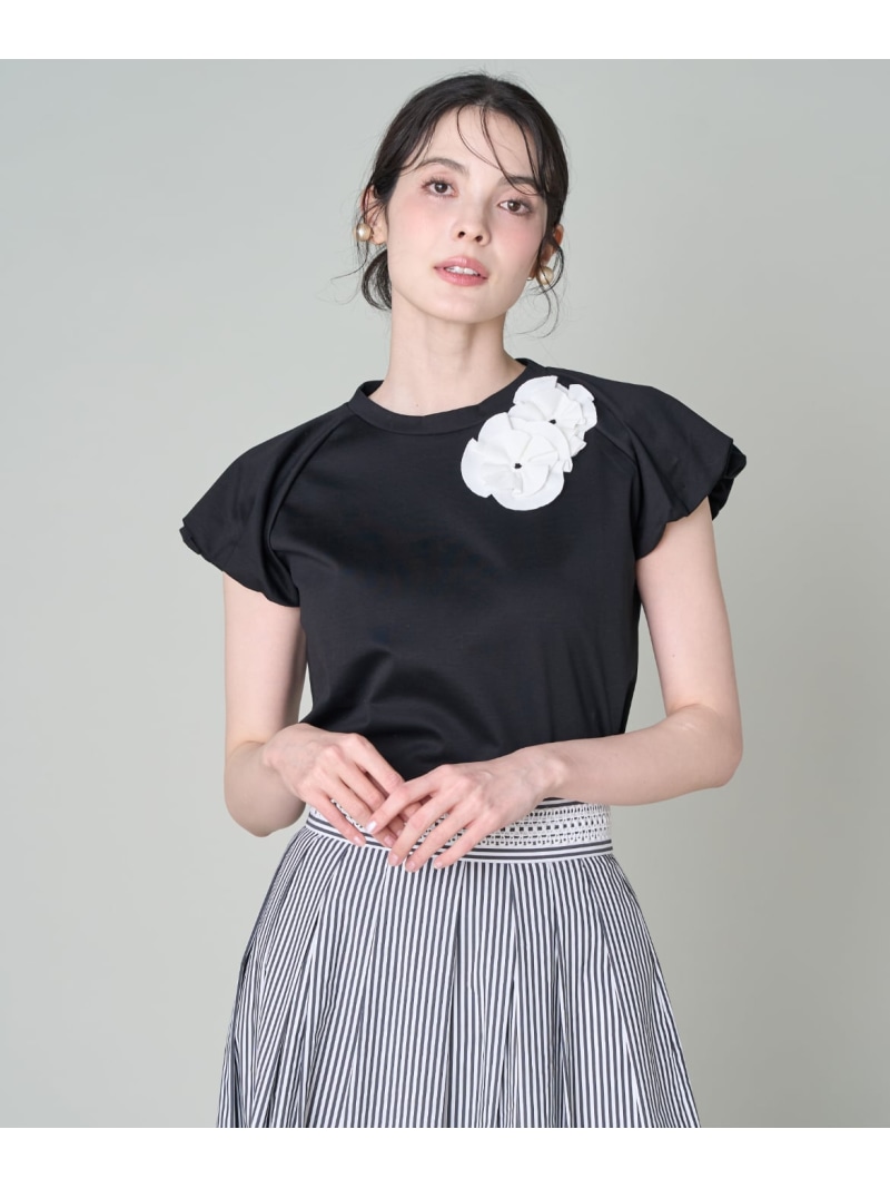 《気が大きい大きさ》 フラワーバルーンスリーブプルオーバー Maglie par ef-de マーリエ ル テープ トップス カットソー・プルオーバー 黒いこと【貨物輸送無料】[ Fashion]