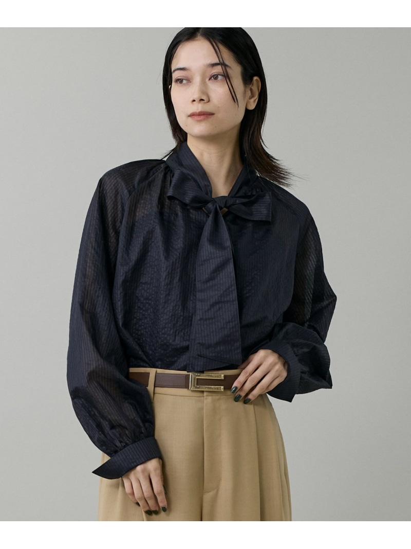 【SALE／40%OFF】《大きいサイズ》シャドーボーダーボウタイブラウス INED イネド トップス シャツ・ブラウス ブルー ブラウン ブラック【RBA_E】【送料無料】[ Fashion]