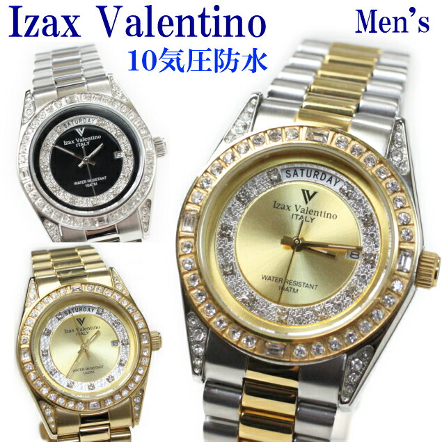 安い 楽天市場 デイデイト カレンダー 曜日 日付け キラキラ 丸型 送料無料 アイザック バレンチノ Izax Valentino メンズ腕時計 １０気圧防水 腕時計 K Yu ハデハデ オールステンレス ラグジュアリー ゴージャス ドレスウォッチ 本命 ブランド メンズ オシャレ 高級