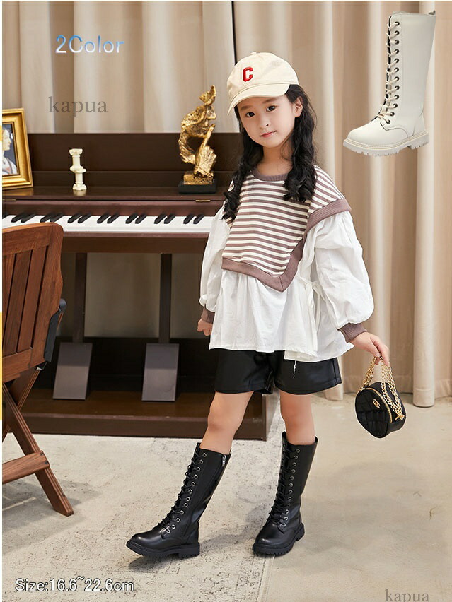 子供 靴 フォーマル 女の子 ダンスシューズ ブーツ 編み上げ キッズ ダンスブーツ カナヲ コスプレ 女の子 アイドル 靴 ラブライブ ミドル丈 ロングブーツ ミドル丈 黒 ダンス靴 ヒップホップ ジャズ ファスナー付き ベージュ/ブラック 16.6~22.6cm画像