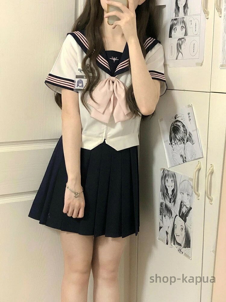 【送料無料】セーラー服 女子高生 半袖 長袖 スクール ホワイト 学生服 仮装 紺色 プリーツスカート ピンク リボン 蝶結び 可愛い 高校生 レ