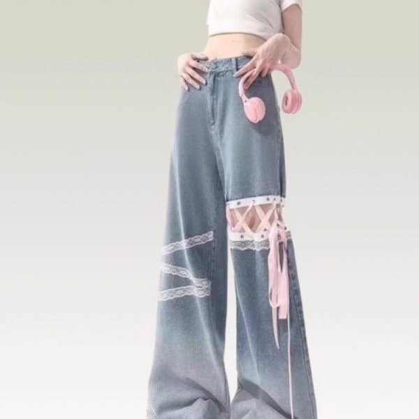 パンツ ボトムス ズボン デニム ジーンズ ジーパン ハイウェスト レース レディース