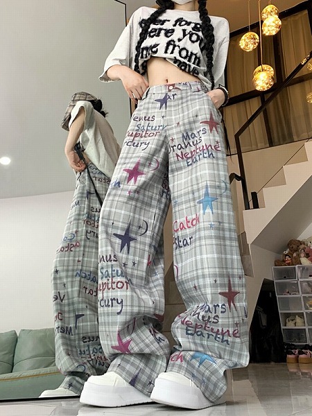 パンツ ボトムス ハイウェスト グレンチェック プリント ストレート レディース