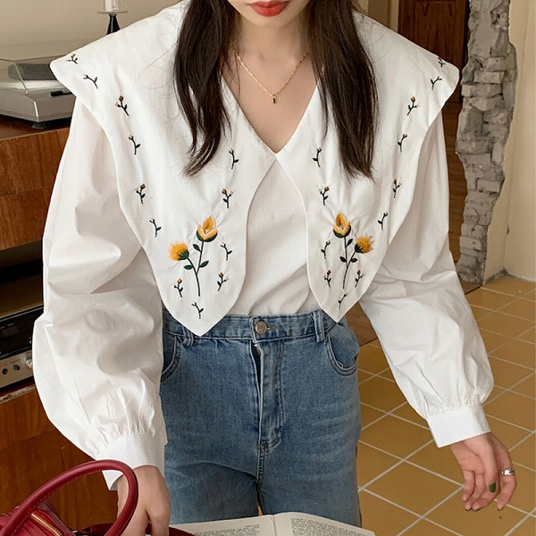 【秋新作】刺繍花柄デザイントップスシャツレディース