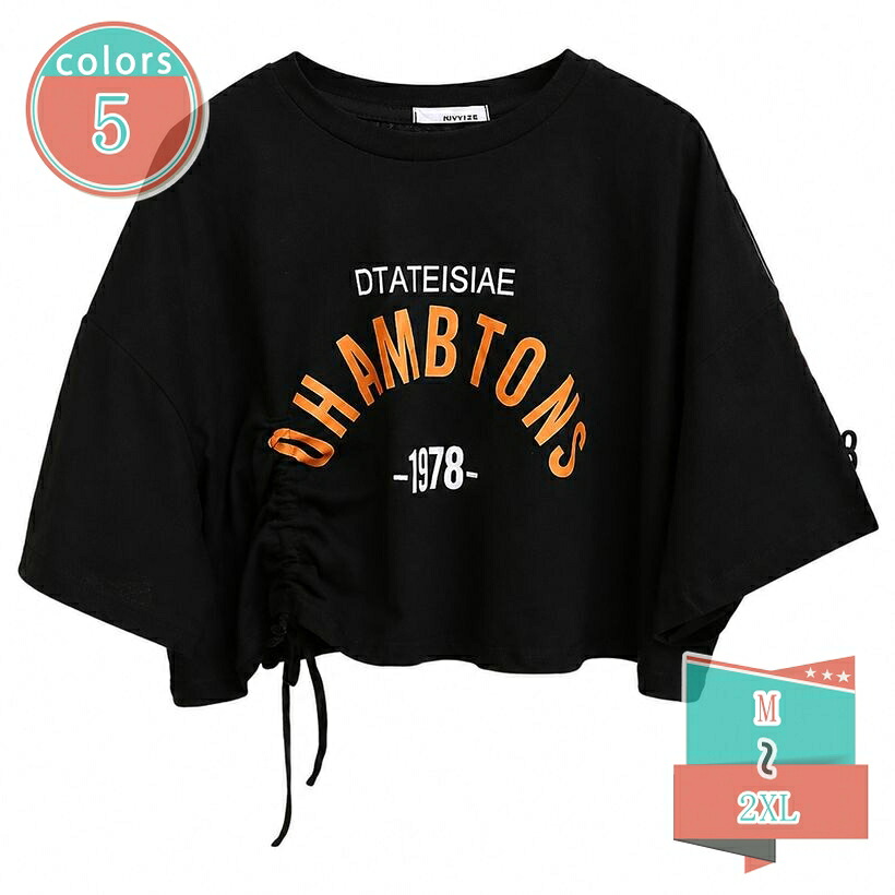 500円OFFクーポン レディース Tシャツ 半袖 クロップド丈 サイドギャザー 着痩せ 細見え 快適 トップス ロゴプリント 5分袖 丸首 ワンポイント カジュアルウェア ストリートファッション 10代 20代 30代 40代 旅行 海 shop-kosugi｜小杉拓嗣商店