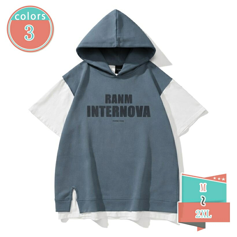 1000円OFFクーポン 半袖パーカー レディース ゆったり フード付き レイヤード風 トップス プルオーバー ｔシャツ 重ね着 スウェット 薄手 ビッグシルエット 体型カバー ストリート系 お出かけ 夏服 通学 shop-kosugi｜小杉拓嗣商店