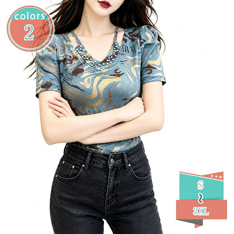 1000円OFFクーポン カットソー 半袖 レディース 体型カバー 細見え 美シルエット Vネック シアーシャツ メッシュ タイダイ 絞り染め風 インナー 薄手 伸縮性 フェミニン 大人可愛い デート 旅行 通学 shop-kosugi|小杉拓嗣商店