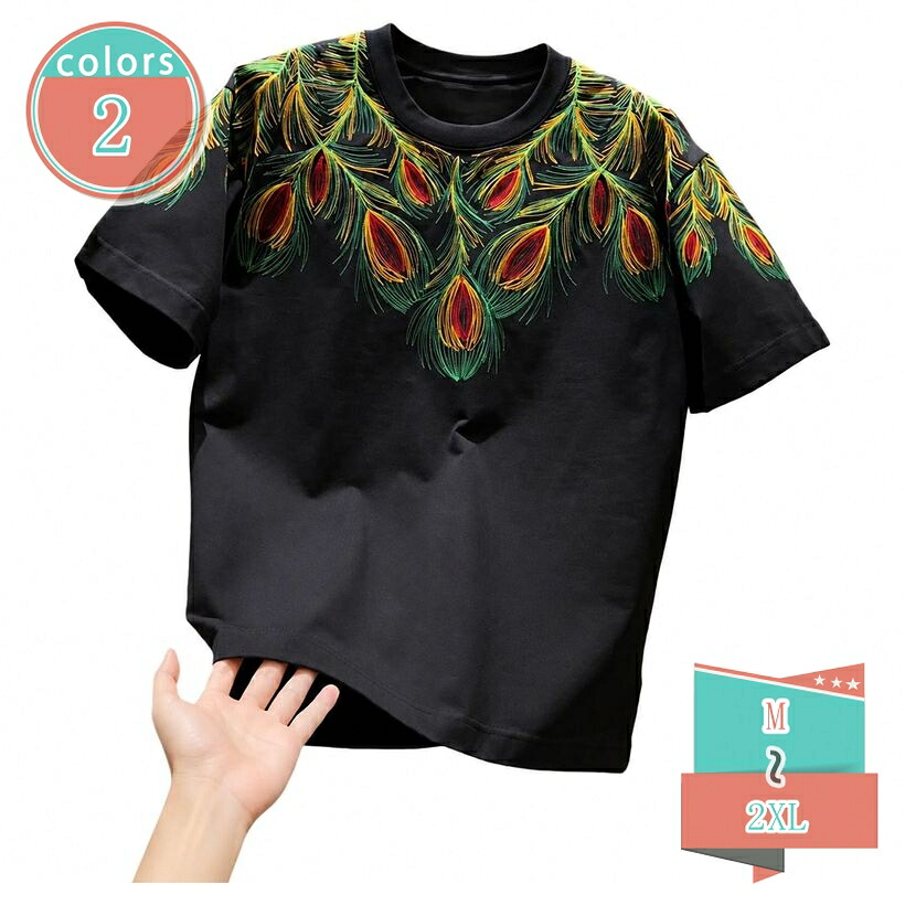1000円OFFクーポン tシャツ レディース 半袖 着痩せ見え カットソー 丸首 オーバーサイズ 羽模様 民族風 刺繍風 プリント デザイン トップス ドロップショルダー 華やか ゆったりサイズ デート 春夏 shop-kosugi|小杉拓嗣商店