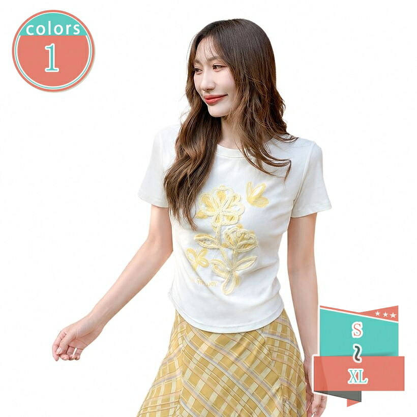 1000円OFFクーポン レディース トップス 半袖 体型カバー ショート丈 Tシャツ クルーネック カットソー フラワー柄 刺繍調 デザインTシャツ 丸首 デイリー ユース カジュアル フェミニン お出かけ おしゃれ かわいい 春 夏 shop-kosugi｜小杉拓嗣商店