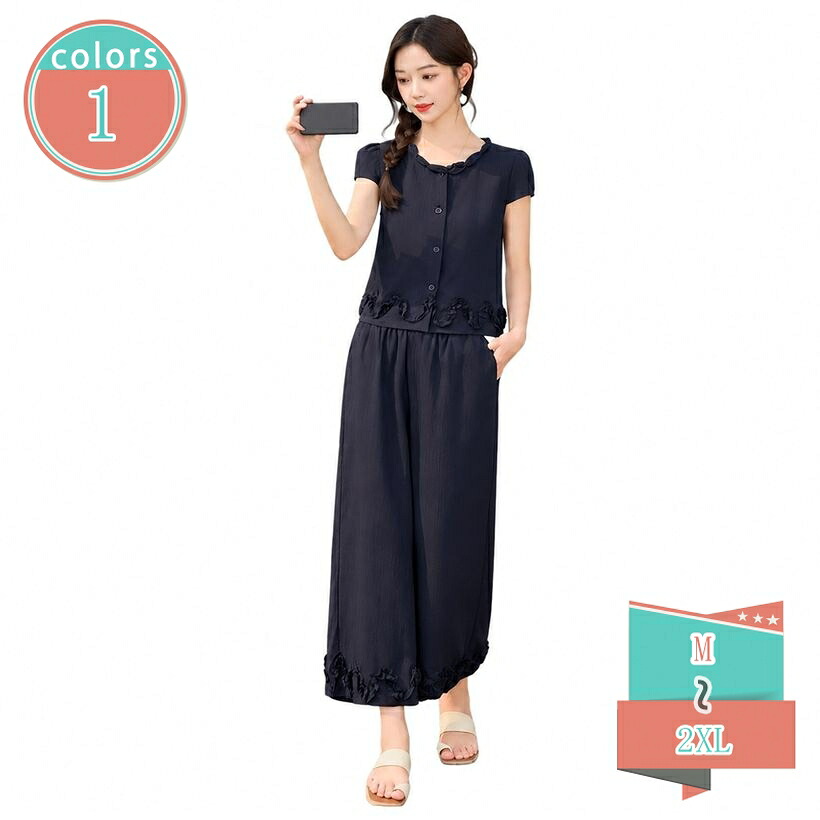 2000円OFFクーポン セットアップ レディース 夏服 上下セット フリル ブラウス ワイドパンツ 体型カバー 大人可愛い カジュアル ナチュラル デイリー 通勤 通学 おしゃれ ゆったり 2点セット shop-kosugi｜小杉拓嗣商店