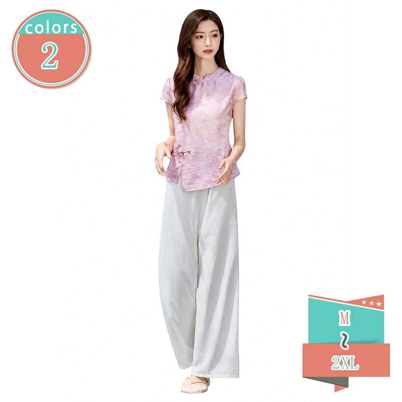 2000円OFFクーポン セットアップ レディース 夏服 新中式 2点セット 半袖 トップス ワイドパンツ 涼しい 体型カバー リゾート ゆったり 大人 カジュアル きれいめ おしゃれ shop-kosugi｜小杉拓嗣商店