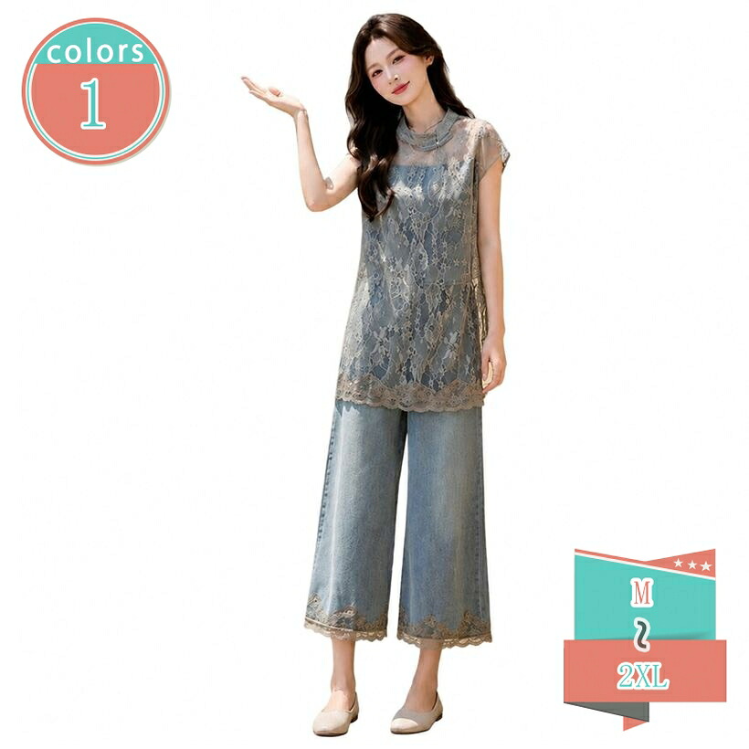 2000円OFFクーポン チャイナ風 セットアップ レディース 着痩せ 体型カバー 夏服 2点セット 半袖 ブラウス デニム ワイドパンツ 裾レース 立ち襟 ゆったりサイズ 大人可愛い ナチュラル shop-kosugi｜小杉拓嗣商店