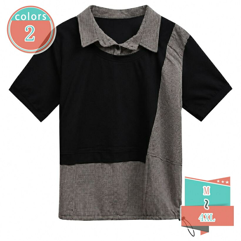 1000円OFFクーポン Tシャツ レディース 半袖 ポロシャツ 切り替え デザイン チェック柄 トップス 体型カバー 着痩せ おしゃれ カジュアル 夏 ゆったり ティー 重ね着風 プルオーバー レトロ ファッション お出かけ 旅行 通学 shop-kosugi|小杉拓嗣商店