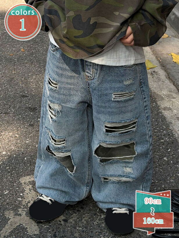 キッズジーンズ ダメージデニム ストレート ワイド デニムパンツ 男の子 女の子 子供服 子ども ダンス衣装 ジーパン ジーンズ 長ズボン ロングパンツ 春 秋 夏服 shop-kosugi