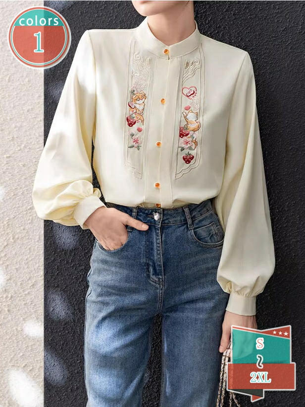 シャツ レディース 新中華風 チャイナ風 スタンドカラー 長袖 ブラウス トップス 花柄 刺繍 ランタンスリーブ エレガント オフィス 通勤 秋冬 アプリコット ゆったり 着痩せ 可愛い レトロ カジュアル 民族風 茶道服 shop-kosugi