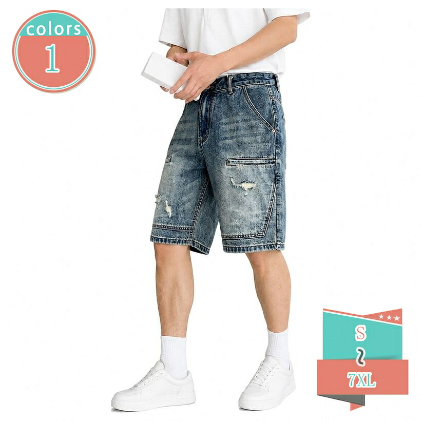 デニムハーフパンツ メンズ 体型カバー ゆったり 五分丈パンツ ダメージズ ジーパン ストリート カジュアル アメカジ 夏服 大きいサイズ お出かけ 通学 shop-kosugi｜小杉拓嗣商店