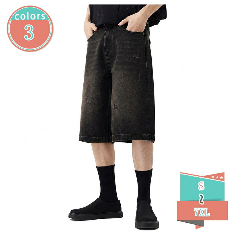 メンズ デニムハーフパンツ ゆったり 体型カバー クロップドパンツ ジーパン ズ ダメージ加工 クラッシュ デニムショーツ 半ズボン 夏用 カジュアル 大きいサイズ ストリート系 ボトムス アメカジ ヴィンテージ風 shop-kosugi｜小杉拓嗣商店