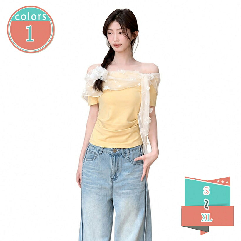 レディース 半袖 tシャツ オフショル カットソー ボートネック シアー 立体花モチーフ フェミニン 体型カバー すっきり見え デート デイリー shop-kosugi｜小杉拓嗣商店