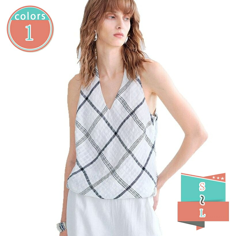 レディース ホルターネック ブラウス ノースリーブ トップス チェック柄 Vネック ゆったり 体型カバー 夏服 リゾート 通勤 shop-kosugi|小杉拓嗣商店