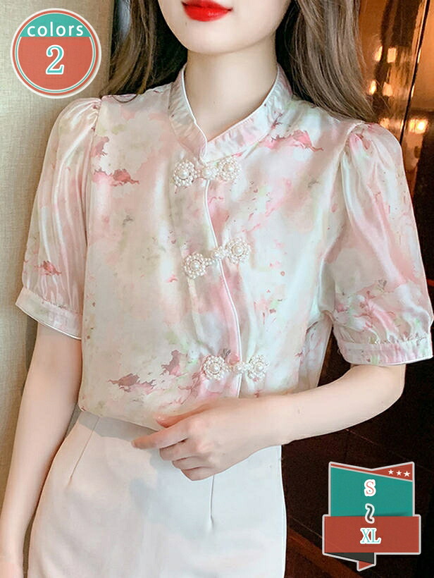 1000円OFFクーポン チャイナ服 トップス レディース シャツ 白 半袖 ブラウス シフォン 夏 漢服 ゆったり パフスリーブ 花柄 中華服 カジュアル 無地 立ち襟 チャイナボタン 中国風 お出掛け おしゃれ 普段着 武術 太極拳 日常着 レトロ shop-kosugi｜小杉拓嗣商店