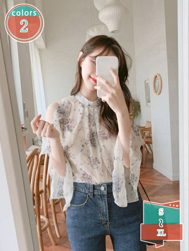 トップ レディース 長袖 肩出しプルオーバー オフショルダー 花柄 呼びりん捩り シフォン 透け感 ホルターネック フラウンス 女子らしい 窈窕たる カットソー オシャレ 窈窕たる 韓国 晴れ晴れしい お出かけ 体型覆いかぶせる 会う約束 shop-kosugi