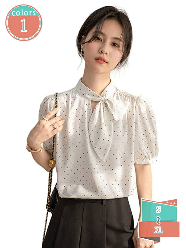1000円OFFクーポン 半袖 レディース シャツ ブラウス ドット柄 リボン パール パフスリーブ トップス ギャザー 可愛い おしゃれ カジュアル 夏 プルオーバー ゆったり きれいめ 大人可愛い ナチュラル ファッション OL 通勤 shop-kosugi｜小杉拓嗣商店