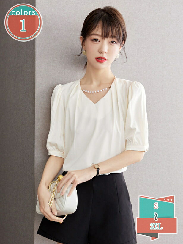 1000円OFFクーポン シャツ レディース Vネック 半袖 夏 パフスリーブ ブラウス シフォン シャツブラウス ギャザー トップス パール プルオーバー きれいめ 夏服 ゆったり フォーマル エレガント お洒落 カットソー カジュアル 通勤 通学 shop-kosugi｜小杉拓嗣商店