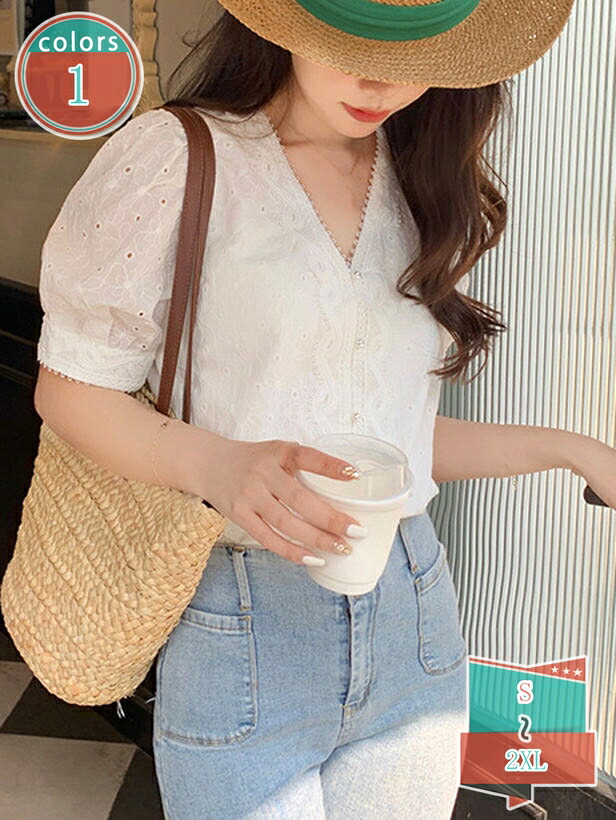 1000円OFFクーポン レディース トップス シャツ ブラウス Vネック 刺繍 半袖 レース シャツトップス 白 パフスリーブ バルーン袖 花柄 無地 透かし編み ゆったり 透け感 可愛い フォーマル 通勤 オフィス 就活 事務服 薄手 夏 shop-kosugi｜小杉拓嗣商店