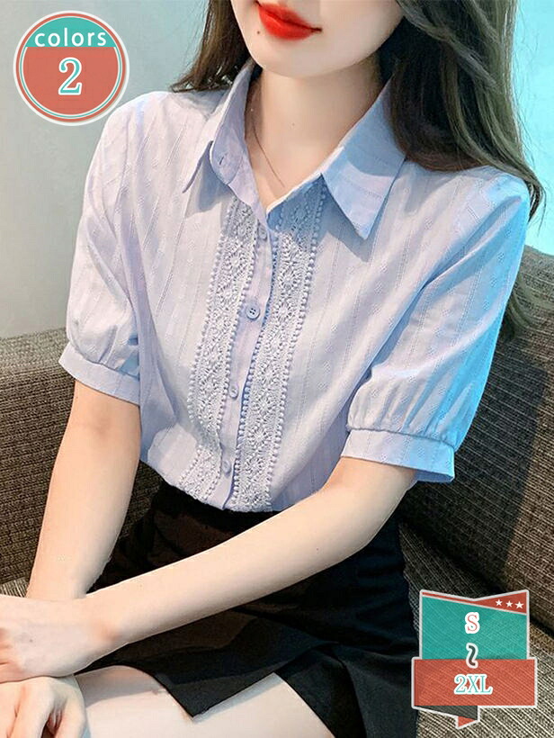 1000円OFFクーポン シャツ レディース 半袖 ブラウス 襟付き レース 刺繍 トップス きれいめ オフィス 通勤 夏服 おしゃれ 体型カバー 着痩せ カジュアル フェミニン 上品 無地 涼しい 大きいサイズ shop-kosugi｜小杉拓嗣商店