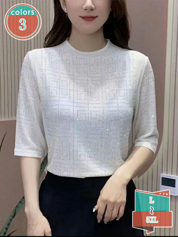 五分袖 Tシャツ レディース きれいめ 40代 50代 体型カバー ラインストーン トップス ティーシャツ おしゃれ 上品 カジュアル オフィス 通勤 shop-kosugi