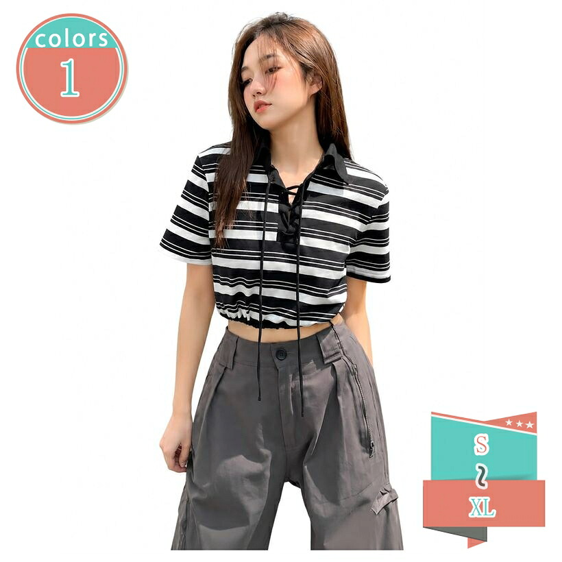 半袖 Tシャツ レディース ボーダー柄 へそ出し ポロシャツ ショート丈 トップス ストリート系 レトロ 学院風 おしゃれ ゆったり 夏服 shop-kosugi|小杉拓嗣商店