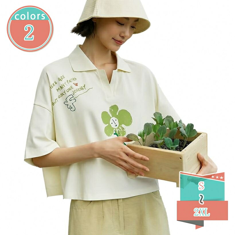tシャツ レディース 半袖 ポロシャツ ショート丈 着痩せ 見え ゆったり トップス 襟付き スキッパー 花柄 カジュアル ティーシャツ 春 夏物 大きいサイズ shop-kosugi｜小杉拓嗣商店