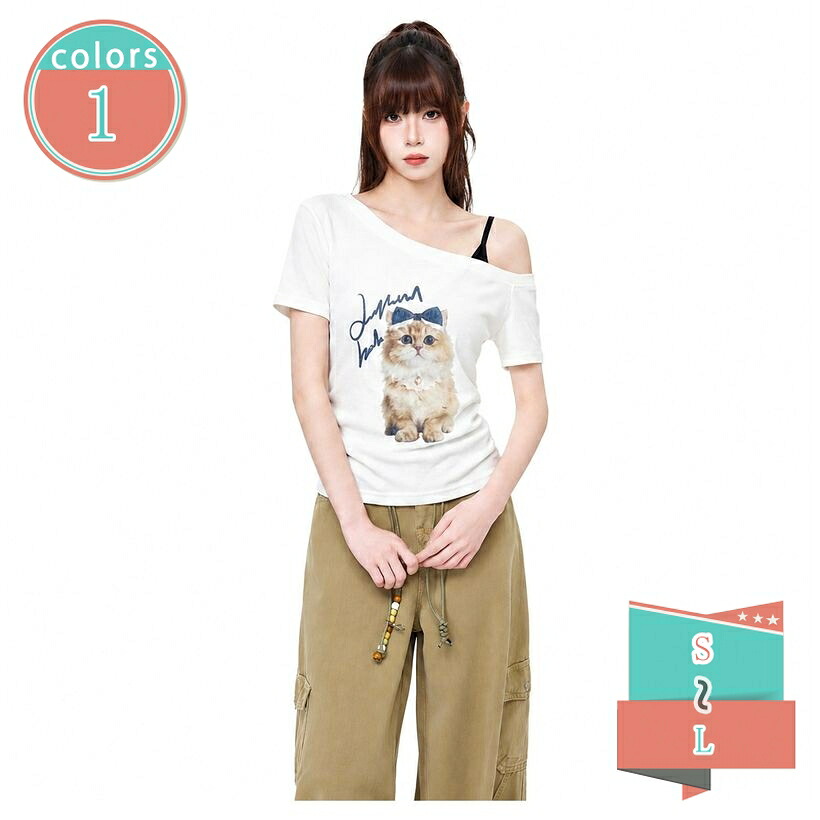 ワンショルダー Tシャツ レディース 半袖 ネコ プリント アニマル デザイントップス 肩出し 着痩せ 細見え 韓国風 ファッション 夏 トップス きれいめ カジュアル デイリー プルオーバー shop-kosugi｜小杉拓嗣商店 9,134円