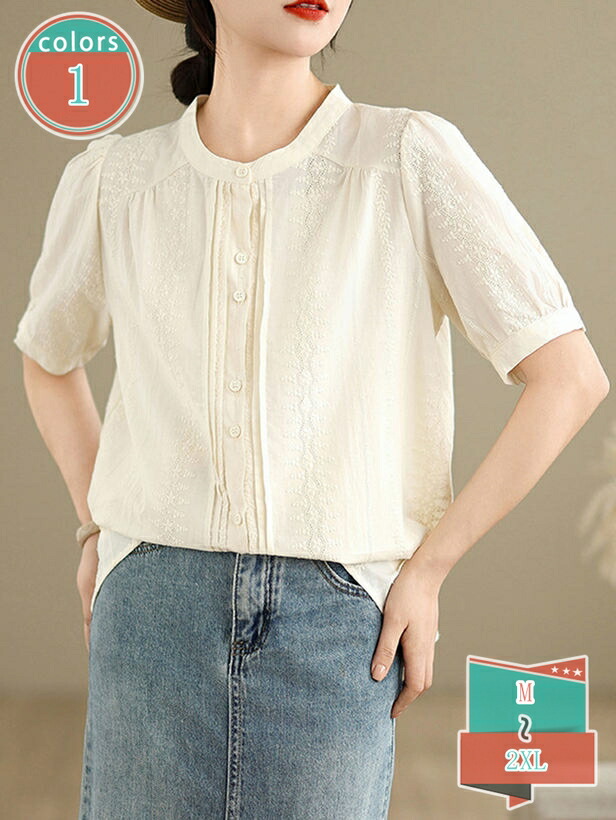 1000円OFFクーポン シャツ 半袖 パフスリーブ トップス ギャザー 花柄 刺繍 ブラウス ピンタック シャツトップス 丸首 チュニック ゆったり ラウンドネック ファッション エレガント フォーマル カジュアル 無地 旅行 おしゃれ シンプル shop-kosugi|小杉拓嗣商店