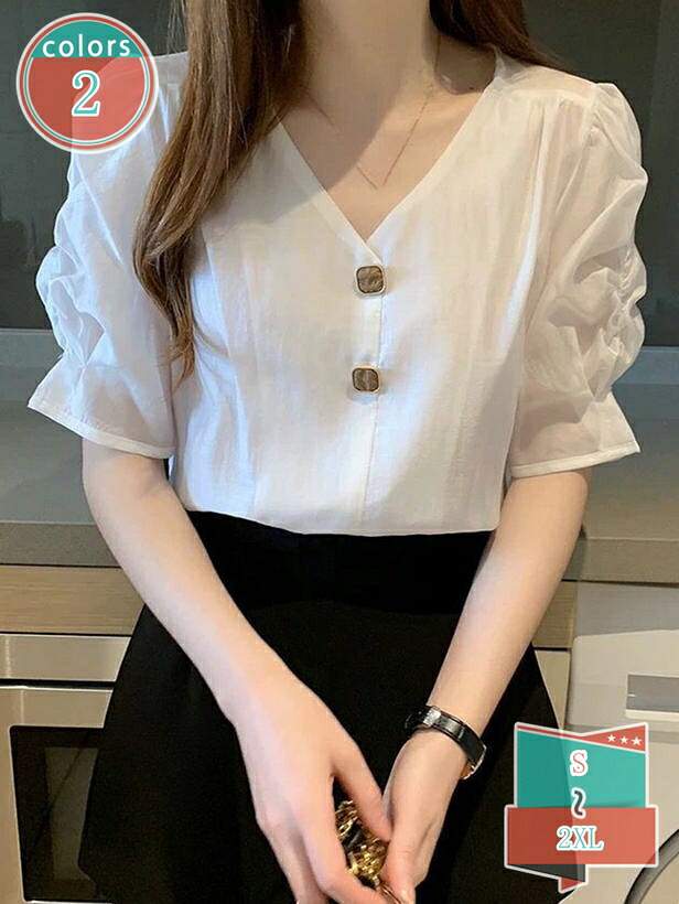 トップ シフォン プルオーバー レディース 半袖 パフ衣袂 真四角名取り草 トップス Vのど首 事務室心地よい 背広下着類 シャツトップス 白 白いこと 否鉄 透けにくい 体型取りまかなう 普段着 夏 夏物 shop-kosugi