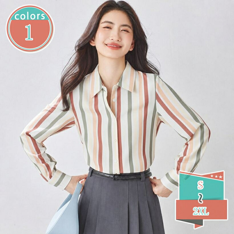 1000円OFFクーポン シャツ レディース ストライプ ブラウス 着痩せ ゆったり 襟付き 長袖 事務服 トップス 縦縞 サテン風 とろみ素材 おしゃれ レトロ フォーマル 通勤 通学 お出かけ 体形カバー 大きいサイズ shop-kosugi｜小杉拓嗣商店