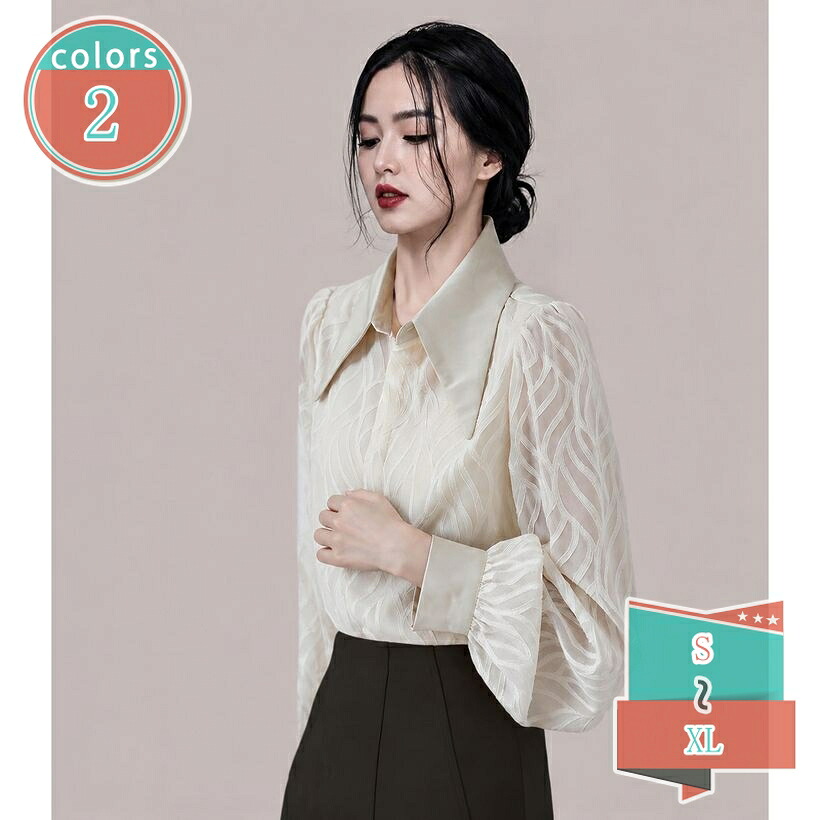 1000円OFFクーポン レディース トップス ブラウス 長袖 シフォン ビッグカラー 体型カバー すっきり見え レトロ感 フェミニン 大人可愛い カジュアル 通勤 デイリー shop-kosugi|小杉拓嗣商店