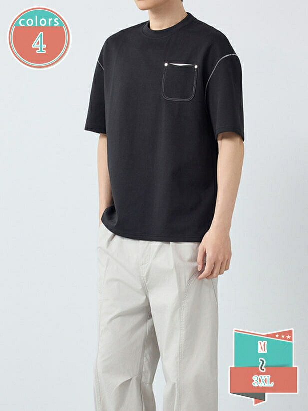 1000円OFFクーポン 半袖 Tシャツ メンズ 着痩せ オーバーサイズ ドロップショルダー ステッチデザイン ポケット付き トップス カジュアル ティーシャツ ゆったり 春夏 シンプル 大人 カジュアル shop-kosugi｜小杉拓嗣商店