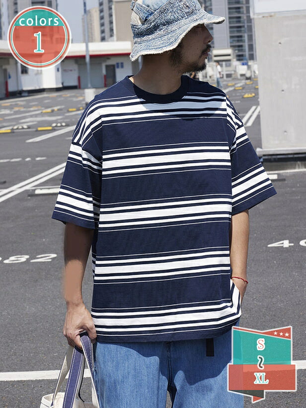 1000円OFFクーポン カットソー ストライプ Tシャツ 着痩せ オーバーサイズ 五分袖 ビッグシルエット メンズ ゆったり クルーネック アメカジ ヴィンテージ風 部屋着 外出 普段着 ティーシャツ さわやか shop-kosugi｜小杉拓嗣商店