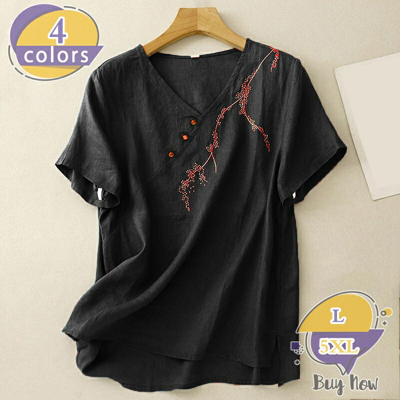 トップ レディース 半袖 Ｔシャツ 刺しゅう 瀬戸もの風 トップス ゆったり 体型取りまかなう 好いたらしいめ レトロ 心地よい ティーシャツ 綿麻 風 通気性 冷やりとした 40代 50代 60代 御洒落 着痩せ 民族風 shop-livesil