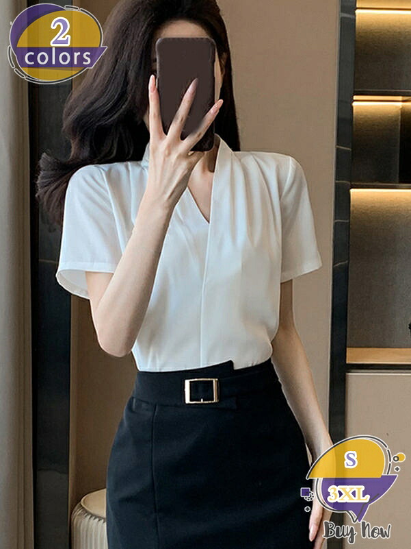 1000円OFFクーポン券 ティーシャツ トップ レディース トップス 半袖 Vのど首 タック ティーシャツ 薄っぺら 夏 馬鹿でかい大いさ シフォン 無地 シャツトップス 今めかしい 雅びやか 韓国 流行り物 着回し フォーマル 事務室 通い 通い服 OL shop-livesil