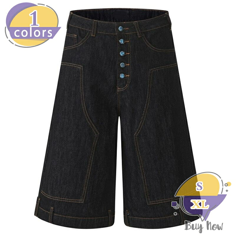 デニムハーフパンツ メンズ ゆったり 体型カバー ワイドズ 5分丈 ストリート系 リメイク風 ジーパン ショートパンツ パッチワーク デザイン ボタンフライ 配色ステッチ アメカジ お出かけ 夏服 大きいサイズ shop-livesil｜ショップリブシル