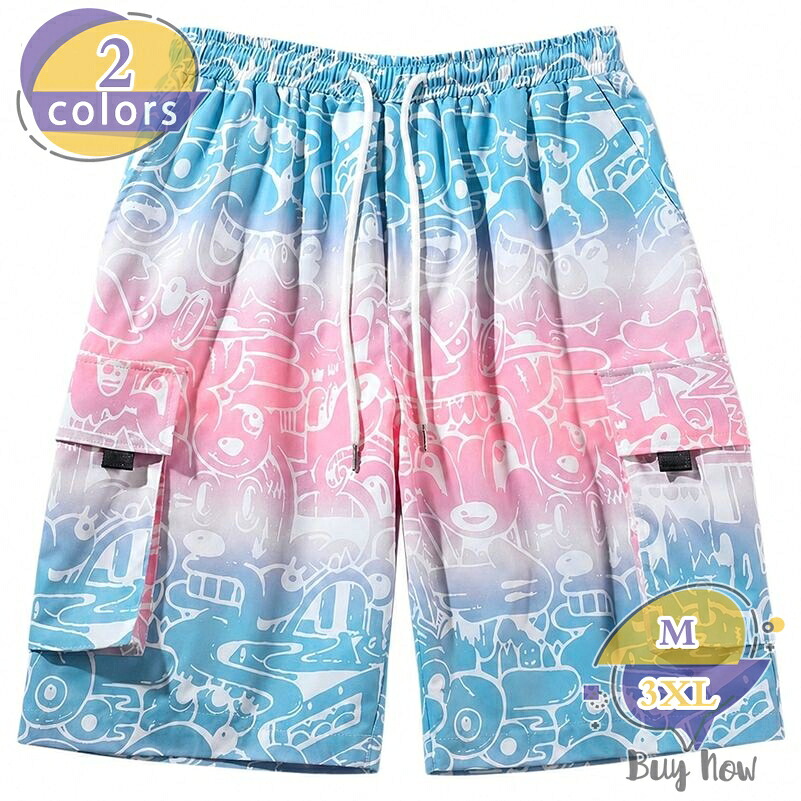 ショートパンツ メンズ カーゴパンツ ゆったり ワイドハーフパンツ 体型カバー 五分丈 ワークパンツ ストリート系 総柄 グラフィティ 派手 個性派 ウエストゴム ドローコード 夏 大きいサイズ shop-livesil｜ショップリブシル