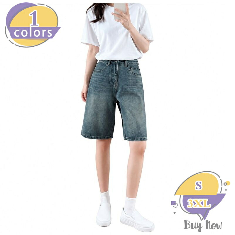 ハーフパンツ デニム レディース 体型カバー 着痩せ バミューダパンツ 5分丈 ワイド ショートパンツ 半ズボン 大きいサイズ ゆったり カジュアル レトロ風 お出かけ 旅行 通学 shop-livesil｜ショップリブシル