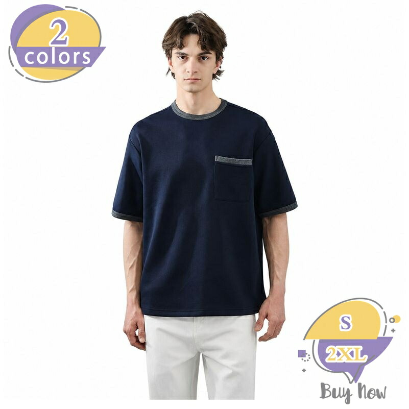 メンズ Tシャツ 半袖 ゆったり クルーネック 胸ポケット 配色切り替え シンプル カジュアル トップス 大人 オシャレ 大きいサイズ shop-livesil｜ショップリブシル